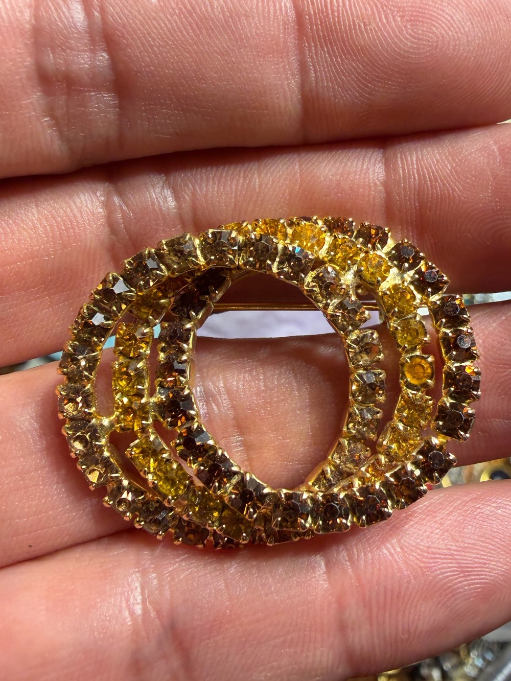 Vintage Gold-Tone Yellow Crystal Triple Circle Brooch